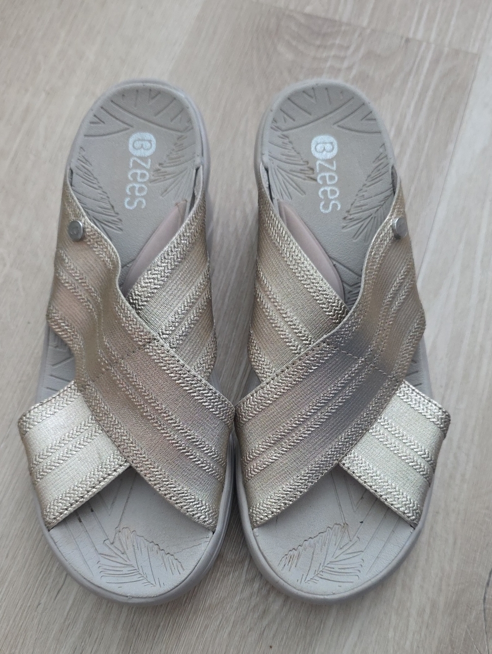 Bzees Vista Metallic Silver Crisscross Stretch Wedge Slide Sandal